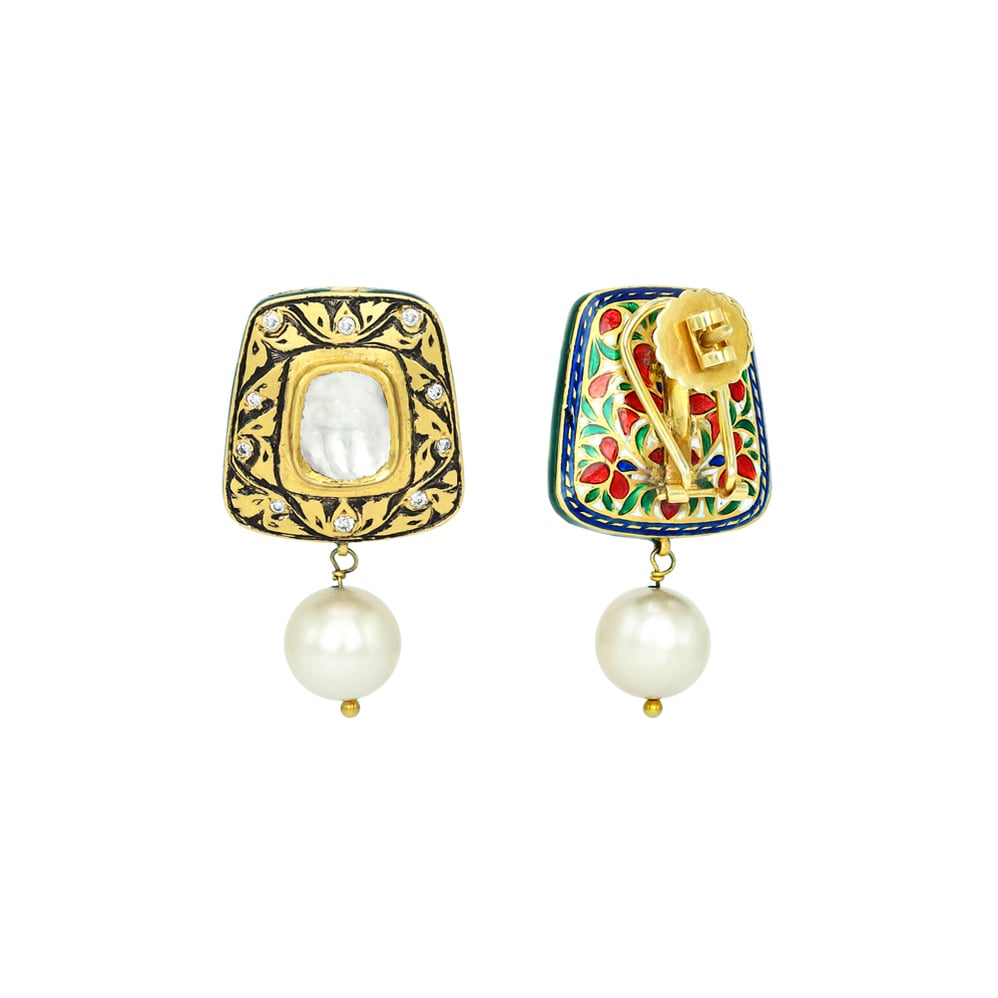 Polki Studs with Partash Detailing and Pearl Drop